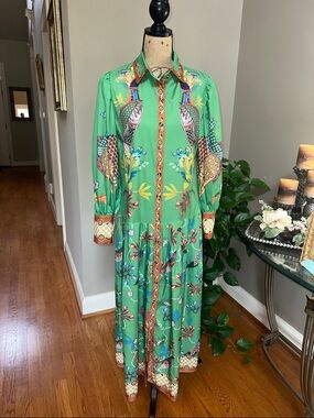 Green Floral & Bird-Print Button-Front Maxi Dress Charming Boutique size Small